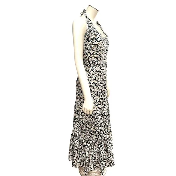 Pretty Garden M Navy White Floral Halter Backless Tiered Ruffle Maxi Boho Dress - Picture 3 of 11